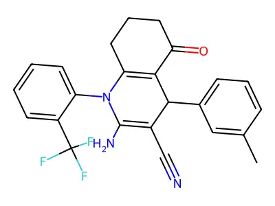 2-amino-4-(3-methylphenyl)-5-oxo-1-[2-(trifluoromethyl)phenyl]-4,6,7,8-tetrahydroquinoline-3-carbonitrile structure