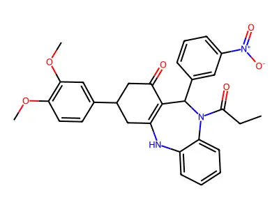 9-(3,4-dimethoxyphenyl)-6-(3-nitrophenyl)-5-propanoyl-8,9,10,11-tetrahydro-6H-benzo[b][1,4]benzodiazepin-7-one structure