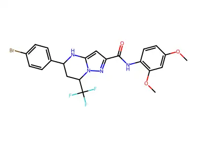 5-(4-bromophenyl)-N-(2,4-dimethoxyphenyl)-7-(trifluoromethyl)-4,5,6,7-tetrahydropyrazolo[1,5-a]pyrimidine-2-carboxamide structure