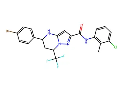 5-(4-bromophenyl)-N-(3-chloro-2-methylphenyl)-7-(trifluoromethyl)-4,5,6,7-tetrahydropyrazolo[1,5-a]pyrimidine-2-carboxamide structure