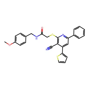 2-(3-cyano-6-phenyl-4-thiophen-2-ylpyridin-2-yl)sulfanyl-N-[(4-methoxyphenyl)methyl]acetamide structure
