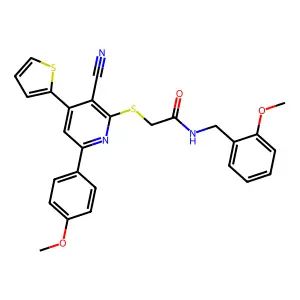 2-[3-cyano-6-(4-methoxyphenyl)-4-thiophen-2-ylpyridin-2-yl]sulfanyl-N-[(2-methoxyphenyl)methyl]acetamide structure