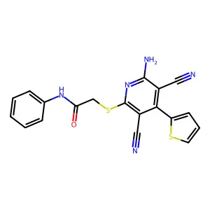 2-(6-amino-3,5-dicyano-4-thiophen-2-ylpyridin-2-yl)sulfanyl-N-phenylacetamide structure