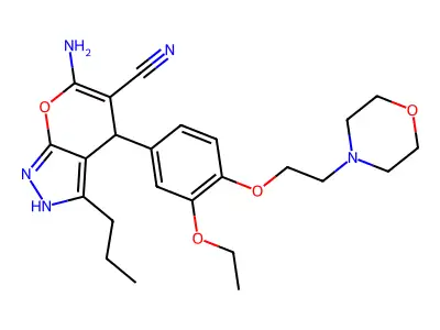 6-amino-4-[3-ethoxy-4-(2-morpholin-4-ylethoxy)phenyl]-3-propyl-2,4-dihydropyrano[2,3-c]pyrazole-5-carbonitrile structure
