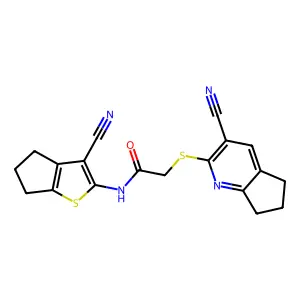 2-[(3-cyano-6,7-dihydro-5H-cyclopenta[b]pyridin-2-yl)sulfanyl]-N-(3-cyano-5,6-dihydro-4H-cyclopenta[b]thiophen-2-yl)acetamide structure