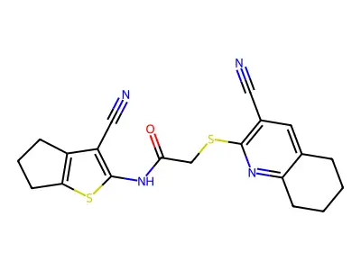 N-(3-cyano-5,6-dihydro-4H-cyclopenta[b]thiophen-2-yl)-2-[(3-cyano-5,6,7,8-tetrahydroquinolin-2-yl)sulfanyl]acetamide structure