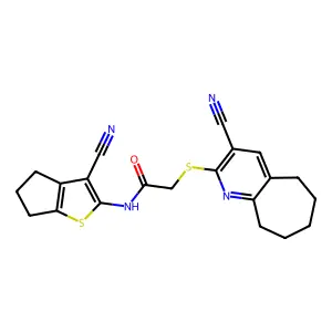 N-(3-cyano-5,6-dihydro-4H-cyclopenta[b]thiophen-2-yl)-2-[(3-cyano-6,7,8,9-tetrahydro-5H-cyclohepta[b]pyridin-2-yl)sulfanyl]acetamide structure
