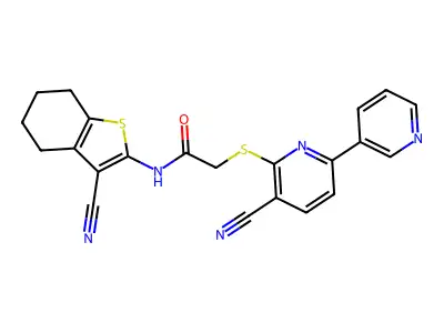 2-[(5-cyano-2,3'-bipyridin-6-yl)thio]-N-(3-cyano-4,5,6,7-tetrahydro-1-benzothiophen-2-yl)acetamide structure