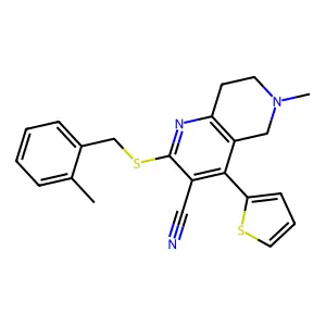6-methyl-2-[(2-methylbenzyl)sulfanyl]-4-(2-thienyl)-5,6,7,8-tetrahydro[1,6]naphthyridine-3-carbonitrile structure