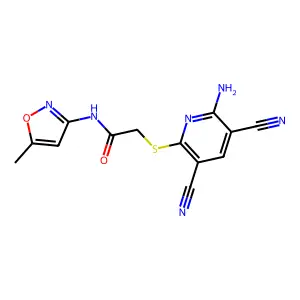 2-[(6-amino-3,5-dicyano-2-pyridinyl)sulfanyl]-N-(5-methyl-3-isoxazolyl)acetamide structure