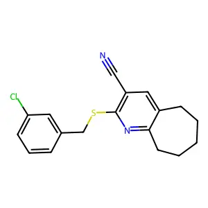 2-[(3-chlorobenzyl)sulfanyl]-6,7,8,9-tetrahydro-5H-cyclohepta[b]pyridine-3-carbonitrile structure