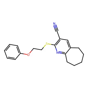 2-[(2-phenoxyethyl)sulfanyl]-6,7,8,9-tetrahydro-5H-cyclohepta[b]pyridine-3-carbonitrile structure