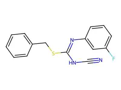 benzyl N-cyano-N'-(3-fluorophenyl)carbamimidothioate structure