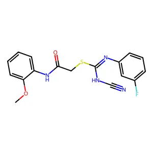 [2-(2-methoxyanilino)-2-oxoethyl] N-cyano-N'-(3-fluorophenyl)carbamimidothioate structure