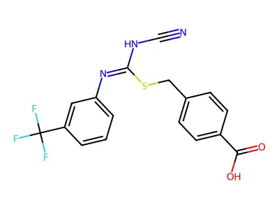 4-[({(Cyanoimino)[3-(trifluoromethyl)anilino]methyl}sulfanyl)methyl]benzoic acid structure