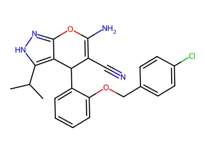 6-amino-4-(2-{[(4-chlorophenyl)methyl]oxy}phenyl)-3-(1-methylethyl)-2,4-dihydropyrano[2,3-c]pyrazole-5-carbonitrile structure