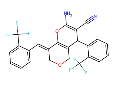 2-amino-4-[2-(trifluoromethyl)phenyl]-8-[[2-(trifluoromethyl)phenyl]methylidene]-4,5-dihydropyrano[4,3-b]pyran-3-carbonitrile structure