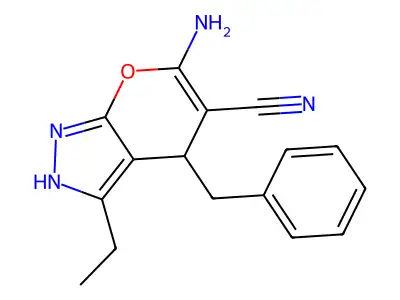 6-Amino-4-benzyl-3-ethyl-2,4-dihydropyrano[2,3-c]pyrazole-5-carbonitrile structure