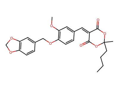 5-[4-(1,3-benzodioxol-5-ylmethoxy)-3-methoxybenzylidene]-2-butyl-2-methyl-1,3-dioxane-4,6-dione structure