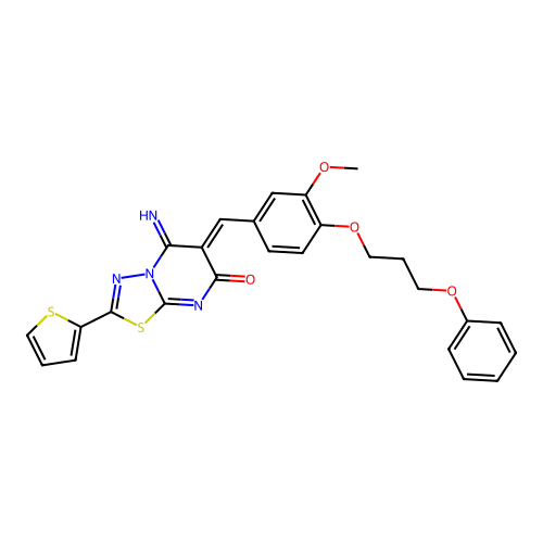 (6Z)-5-imino-6-[[3-methoxy-4-(3-phenoxypropoxy)phenyl]methylidene]-2-thiophen-2-yl-[1,3,4]thiadiazolo[3,2-a]pyrimidin-7-one structure