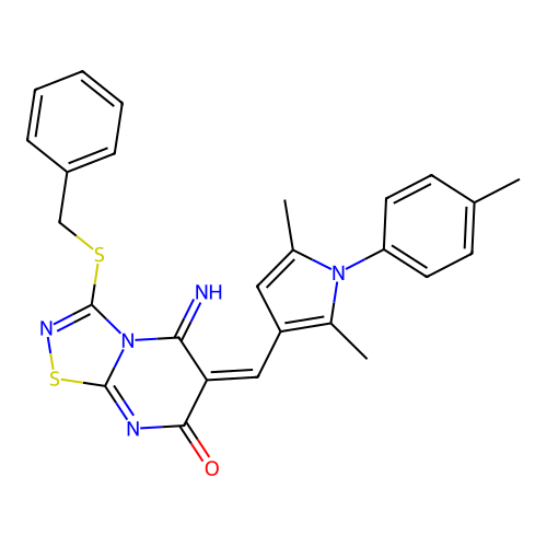 (E)-3-(benzylthio)-6-((2,5-dimethyl-1-(p-tolyl)-1H-pyrrol-3-yl)methylene)-5-imino-5H-[1,2,4]thiadiazolo[4,5-a]pyrimidin-7(6H)-one structure