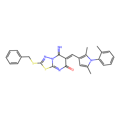 (6Z)-2-(benzylsulfanyl)-6-{[2,5-dimethyl-1-(2-methylphenyl)-1H-pyrrol-3-yl]methylidene}-5-imino-5,6-dihydro-7H-[1,3,4]thiadiazolo[3,2-a]pyrimidin-7-one structure