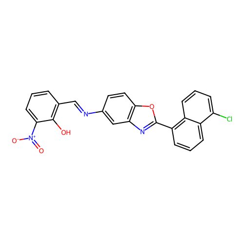 (E)-2-(((2-(5-chloronaphthalen-1-yl)benzo[d]oxazol-5-yl)imino)methyl)-6-nitrophenol structure