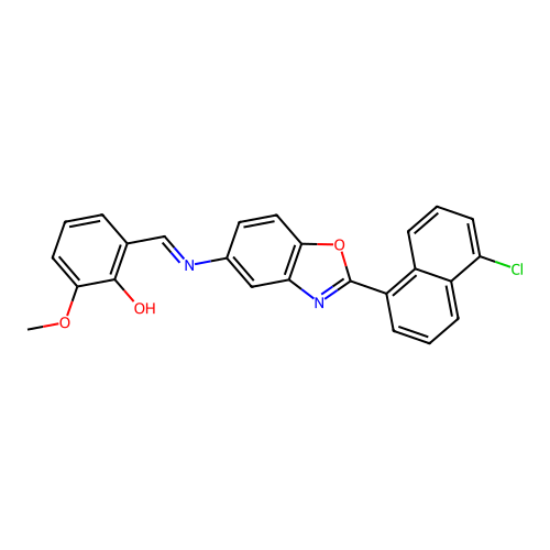 (E)-2-(((2-(5-chloronaphthalen-1-yl)benzo[d]oxazol-5-yl)imino)methyl)-6-methoxyphenol structure