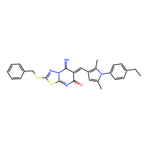 (6Z)-2-(benzylsulfanyl)-6-{[1-(4-ethylphenyl)-2,5-dimethyl-1H-pyrrol-3-yl]methylidene}-5-imino-5,6-dihydro-7H-[1,3,4]thiadiazolo[3,2-a]pyrimidin-7-one structure