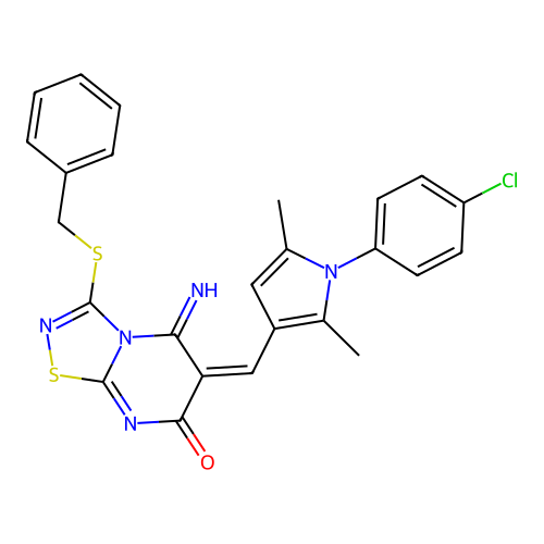 (E)-3-(benzylthio)-6-((1-(4-chlorophenyl)-2,5-dimethyl-1H-pyrrol-3-yl)methylene)-5-imino-5H-[1,2,4]thiadiazolo[4,5-a]pyrimidin-7(6H)-one structure