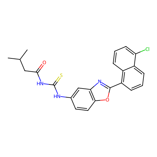 N-{[2-(5-chloronaphthalen-1-yl)-1,3-benzoxazol-5-yl]carbamothioyl}-3-methylbutanamide structure