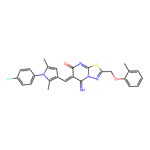 (Z)-6-((1-(4-fluorophenyl)-2,5-dimethyl-1H-pyrrol-3-yl)methylene)-5-imino-2-((o-tolyloxy)methyl)-5H-[1,3,4]thiadiazolo[3,2-a]pyrimidin-7(6H)-one structure