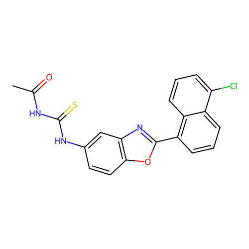 N-{[2-(5-chloronaphthalen-1-yl)-1,3-benzoxazol-5-yl]carbamothioyl}acetamide structure