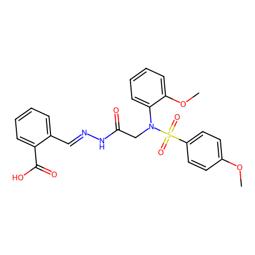 2-{(E)-[2-({(2-methoxyphenyl)[(4-methoxyphenyl)sulfonyl]amino}acetyl)hydrazinylidene]methyl}benzoic acid (non-preferred name) structure