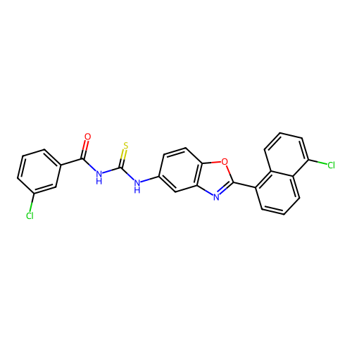 3-chloro-N-((2-(5-chloronaphthalen-1-yl)benzo[d]oxazol-5-yl)carbamothioyl)benzamide structure