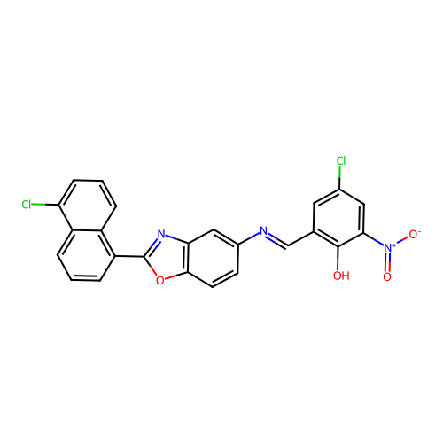 (6E)-4-chloro-6-[[[2-(5-chloronaphthalen-1-yl)-1,3-benzoxazol-5-yl]amino]methylidene]-2-nitrocyclohexa-2,4-dien-1-one structure