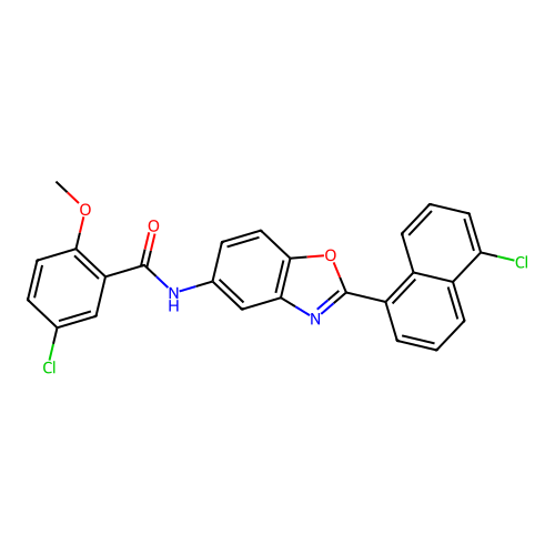 5-chloro-N-[2-(5-chloronaphthalen-1-yl)-1,3-benzoxazol-5-yl]-2-methoxybenzamide structure