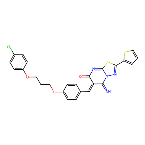 (6Z)-6-[[4-[3-(4-chlorophenoxy)propoxy]phenyl]methylidene]-5-imino-2-thiophen-2-yl-[1,3,4]thiadiazolo[3,2-a]pyrimidin-7-one structure