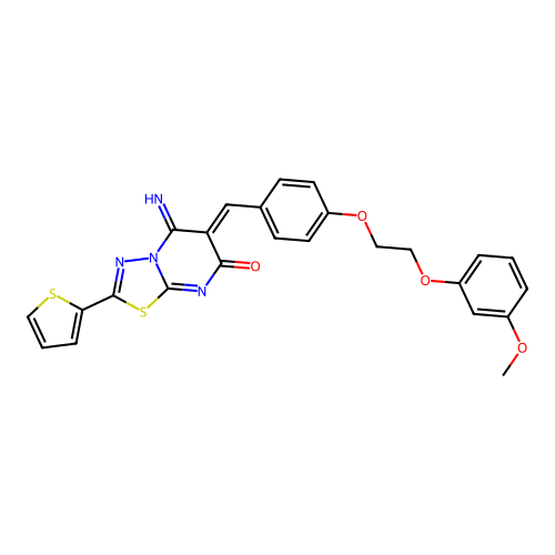 (Z)-5-imino-6-(4-(2-(3-methoxyphenoxy)ethoxy)benzylidene)-2-(thiophen-2-yl)-5H-[1,3,4]thiadiazolo[3,2-a]pyrimidin-7(6H)-one structure