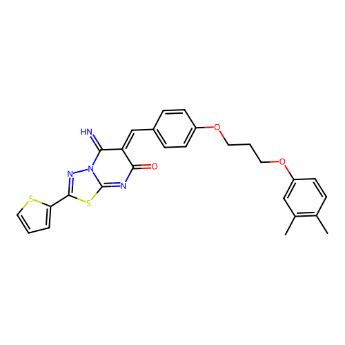 (6Z)-6-[[4-[3-(3,4-dimethylphenoxy)propoxy]phenyl]methylidene]-5-imino-2-thiophen-2-yl-[1,3,4]thiadiazolo[3,2-a]pyrimidin-7-one structure