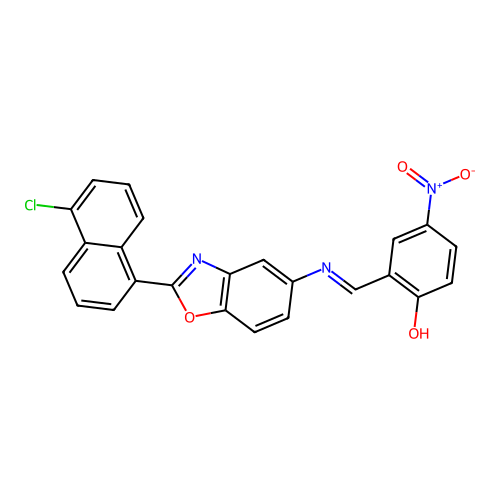 (E)-2-(((2-(5-chloronaphthalen-1-yl)benzo[d]oxazol-5-yl)imino)methyl)-4-nitrophenol structure