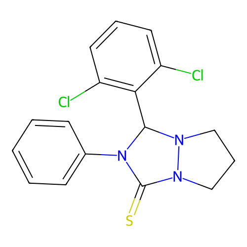 3-(2,6-dichlorophenyl)-2-phenyltetrahydro-1H,5H-pyrazolo[1,2-a][1,2,4]triazole-1-thione structure