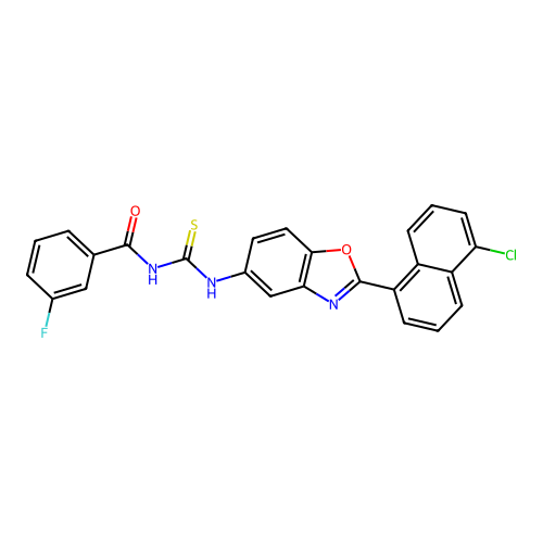 N-{[2-(5-chloronaphthalen-1-yl)-1,3-benzoxazol-5-yl]carbamothioyl}-3-fluorobenzamide structure