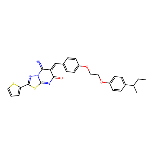 (6Z)-6-(4-{2-[4-(butan-2-yl)phenoxy]ethoxy}benzylidene)-5-imino-2-(thiophen-2-yl)-5,6-dihydro-7H-[1,3,4]thiadiazolo[3,2-a]pyrimidin-7-one structure