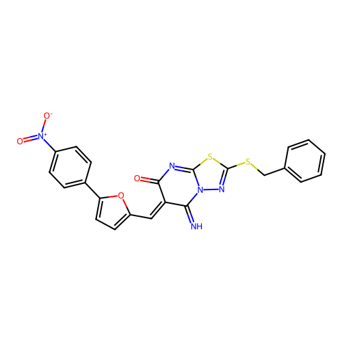 (6Z)-2-(benzylsulfanyl)-5-imino-6-{[5-(4-nitrophenyl)furan-2-yl]methylidene}-5,6-dihydro-7H-[1,3,4]thiadiazolo[3,2-a]pyrimidin-7-one structure