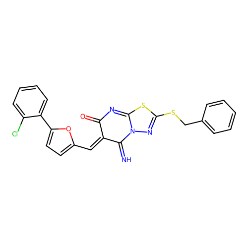 (6Z)-2-(benzylsulfanyl)-6-{[5-(2-chlorophenyl)furan-2-yl]methylidene}-5-imino-5,6-dihydro-7H-[1,3,4]thiadiazolo[3,2-a]pyrimidin-7-one structure