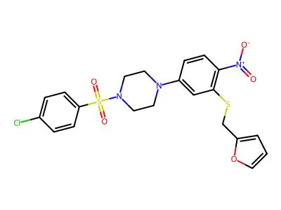 1-(4-chlorophenyl)sulfonyl-4-[3-(furan-2-ylmethylsulfanyl)-4-nitrophenyl]piperazine structure