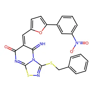 (6Z)-3-benzylsulfanyl-5-imino-6-[[5-(3-nitrophenyl)furan-2-yl]methylidene]-[1,2,4]thiadiazolo[4,5-a]pyrimidin-7-one structure