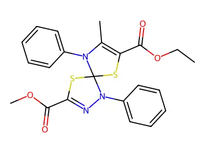 7-ethyl 3-methyl 8-methyl-1,9-diphenyl-4,6-dithia-1,2,9-triazaspiro[4.4]nona-2,7-diene-3,7-dicarboxylate structure