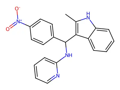 N-((2-methyl-1H-indol-3-yl)(4-nitrophenyl)methyl)pyridin-2-amine structure